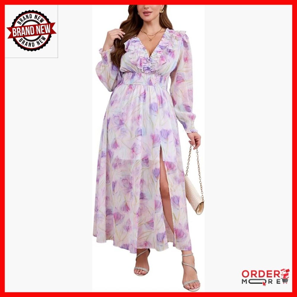 V-Neck Floral Long Sleeve Maxi Dress With Slit For Curvy Women